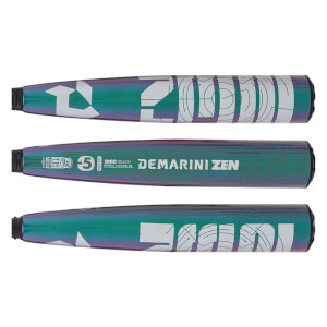 Multiple side views of an iridescent oil slick baseball bat with white DEMARINI ZEN text and abstract geometric patterns.