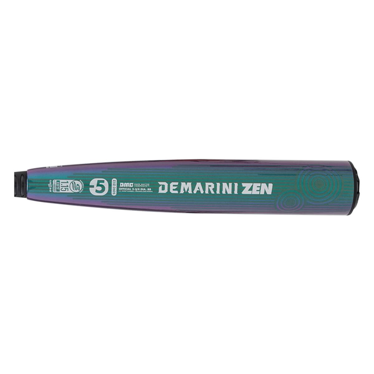 Side view of an iridescent green and purple baseball bat with DEMARINI ZEN text, a -5 drop, and swirling patterns.