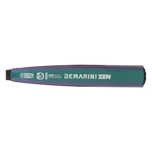 Side view of an iridescent green and purple baseball bat with DEMARINI ZEN text, a -5 drop, and swirling patterns.