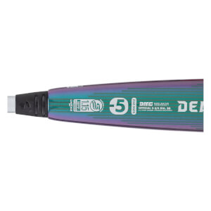 Close-up side view of an oil slick baseball bat with DEMARINI text, -5 drop, and USSSA certification.