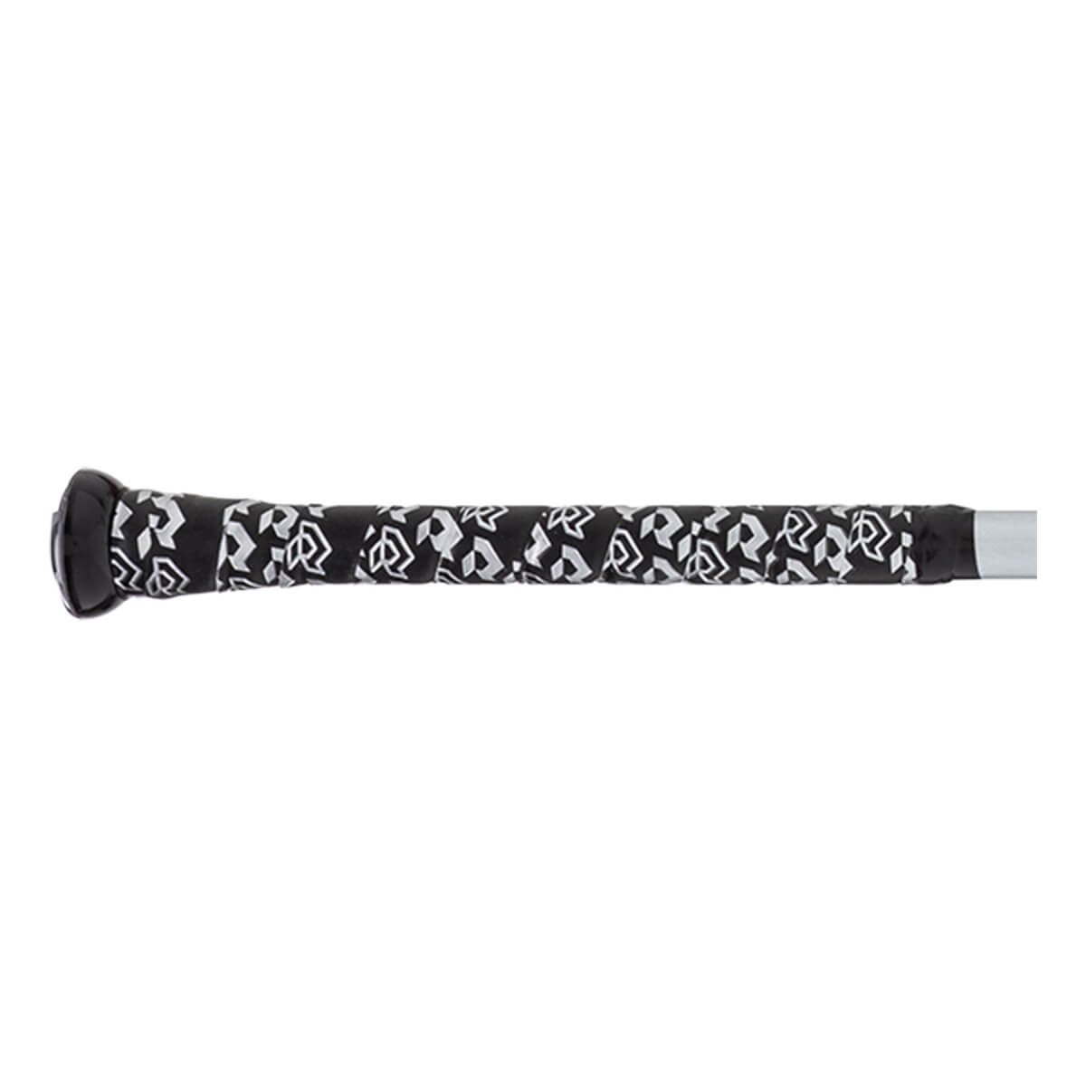 Side view of a black and white bat with a geometric pattern grip and black end cap.