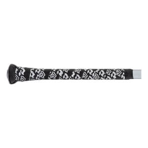 Side view of a black and white bat with a geometric pattern grip and black end cap.
