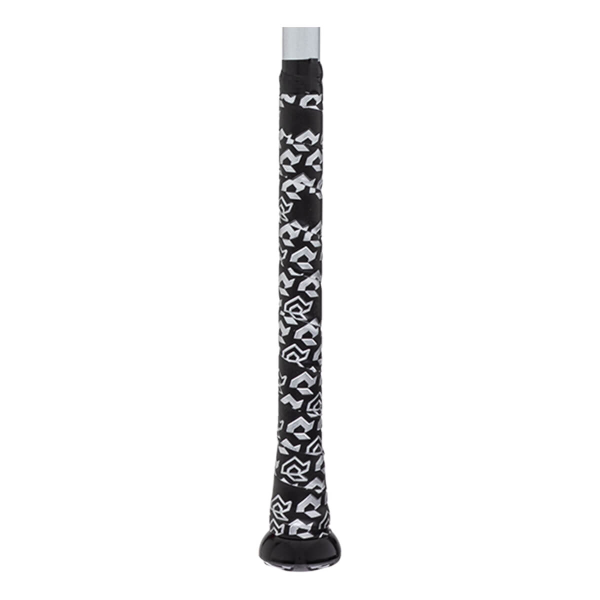 Handle view of a black baseball bat handle with a white repeating stylized pattern and a black end cap.