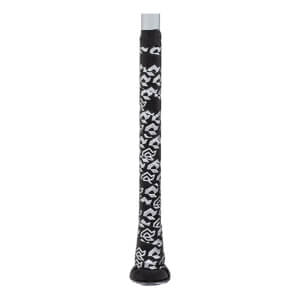 Handle view of a black baseball bat handle with a white repeating stylized pattern and a black end cap.