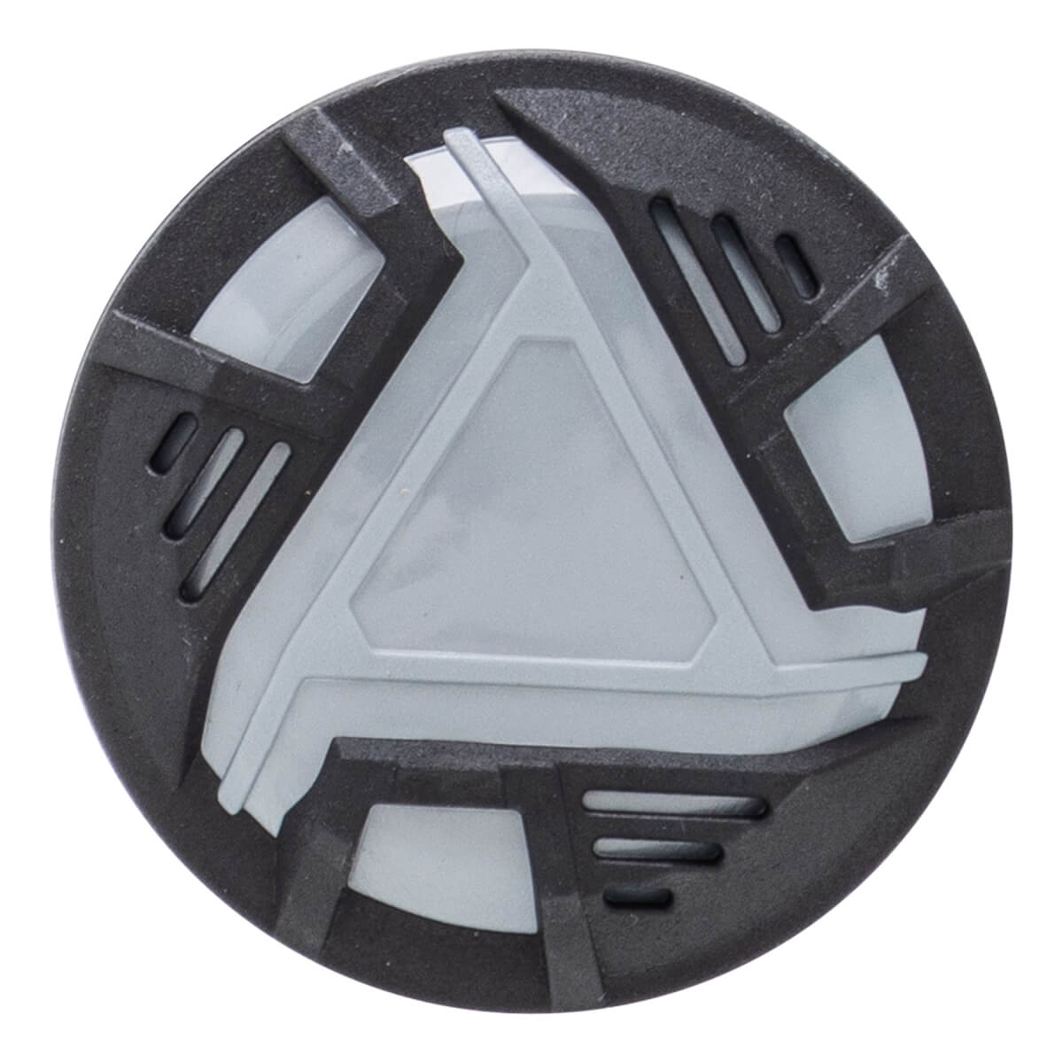 Top-down view of a black and gray baseball bat end cap with a raised triangular design and slotted outer ring.