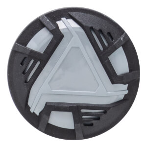 Top-down view of a black and gray baseball bat end cap with a raised triangular design and slotted outer ring.
