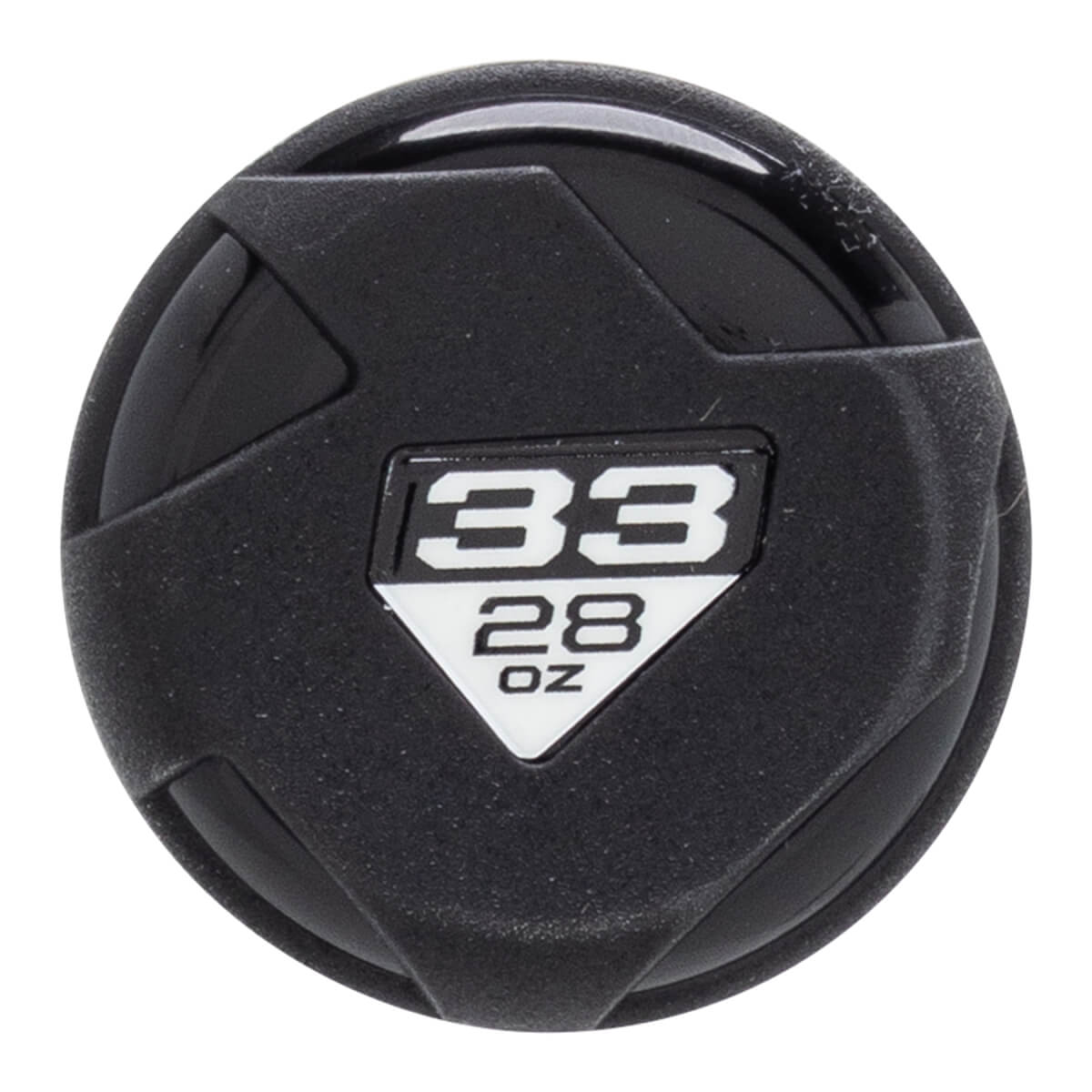 Top-down close-up of a black bat end cap with a textured geometric design and white 33 28 OZ numbers.