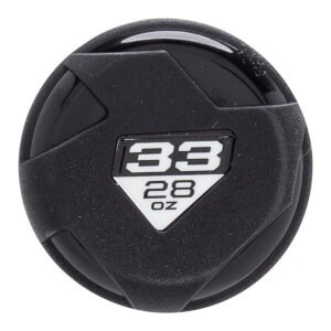 Top-down close-up of a black bat end cap with a textured geometric design and white 33 28 OZ numbers.
