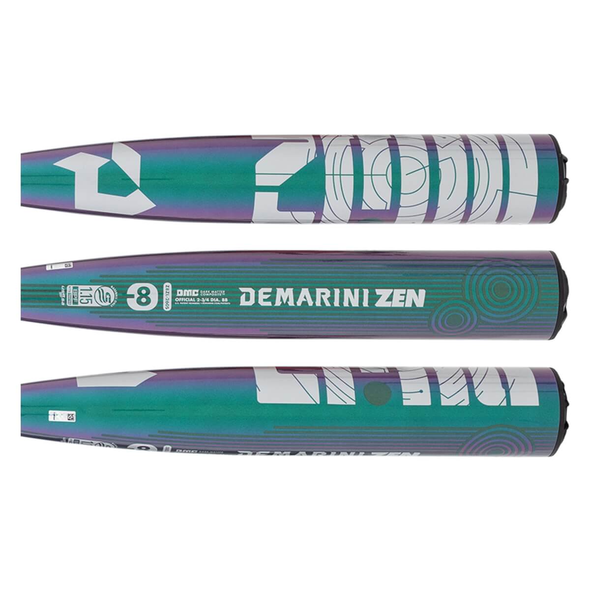 Full side view of an iridescent teal and purple baseball bat with white DeMarini Zen text, a large D logo, and 8 drop weight.