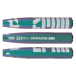 Full side view of an iridescent teal and purple baseball bat with white DeMarini Zen text, a large D logo, and 8 drop weight.