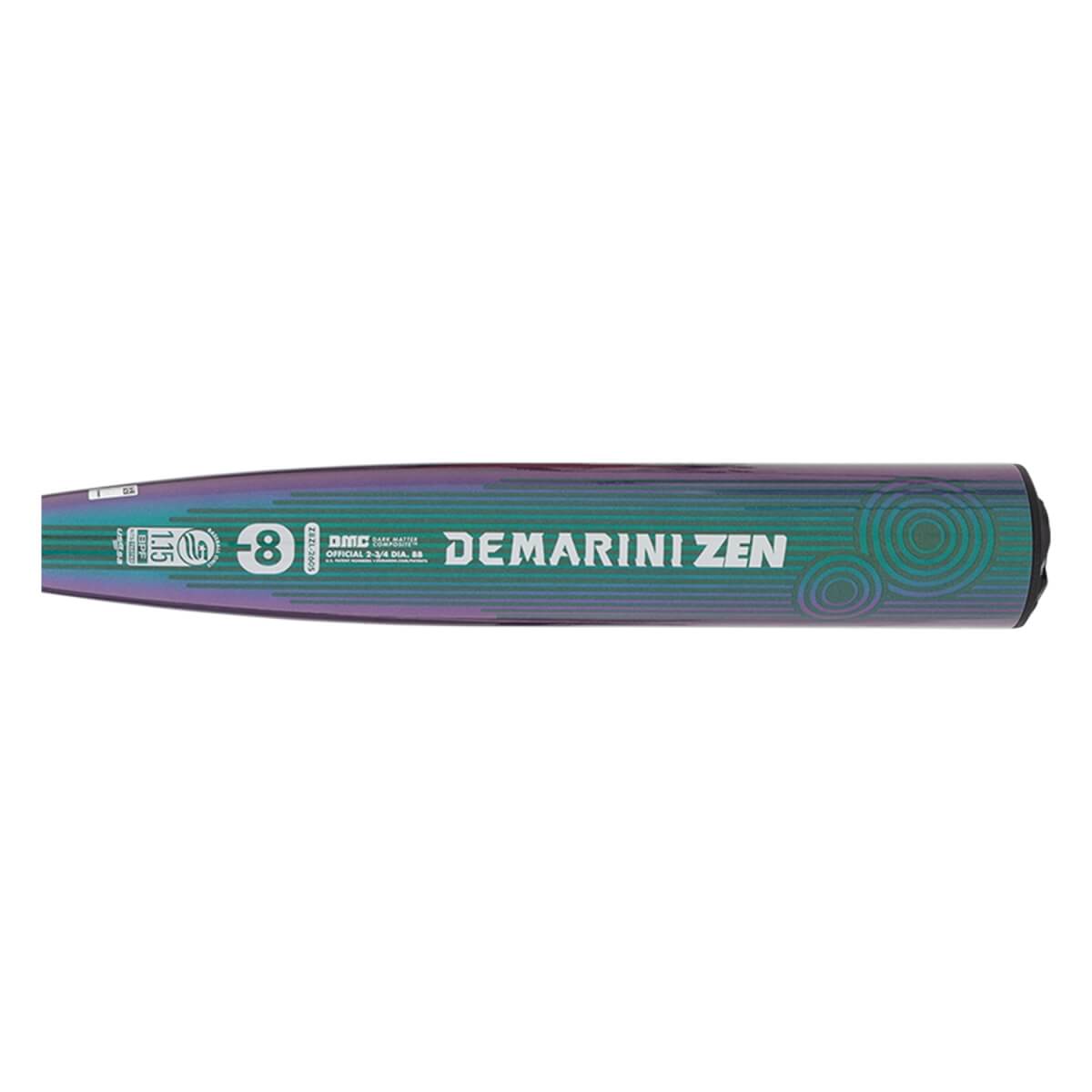 Side view of an iridescent baseball bat with DEMARINI ZEN text and concentric circle patterns.