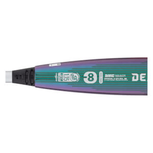 Close-up side view of an iridescent purple and teal baseball bat barrel with 1.15 BPF, -8, and DE branding.