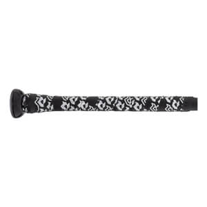 Close-up of a black baseball bat handle with a white geometric pattern grip and a solid black knob.