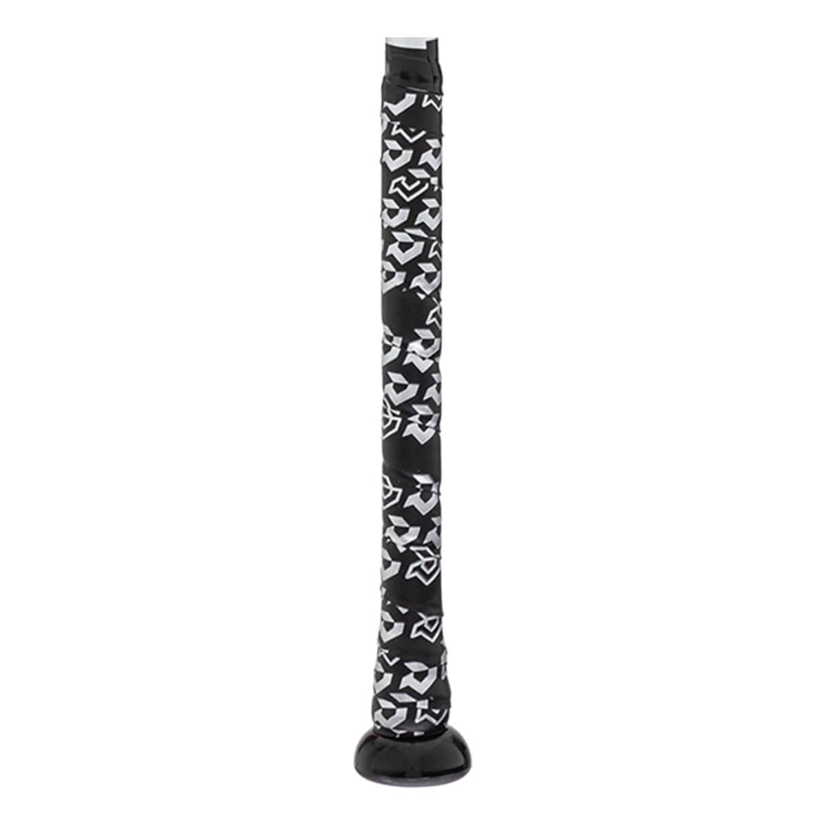 Close-up of black baseball bat grip with white geometric pattern and black knob.