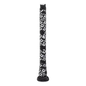 Close-up of black baseball bat grip with white geometric pattern and black knob.