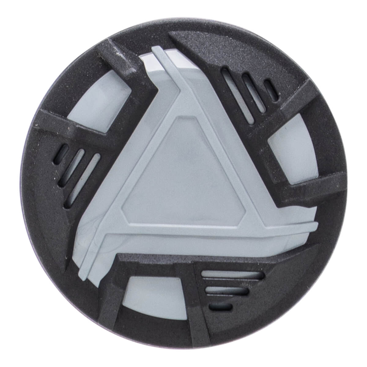 Top-down view of a black and light gray bat end cap with a central shield-like design and slotted outer ring.