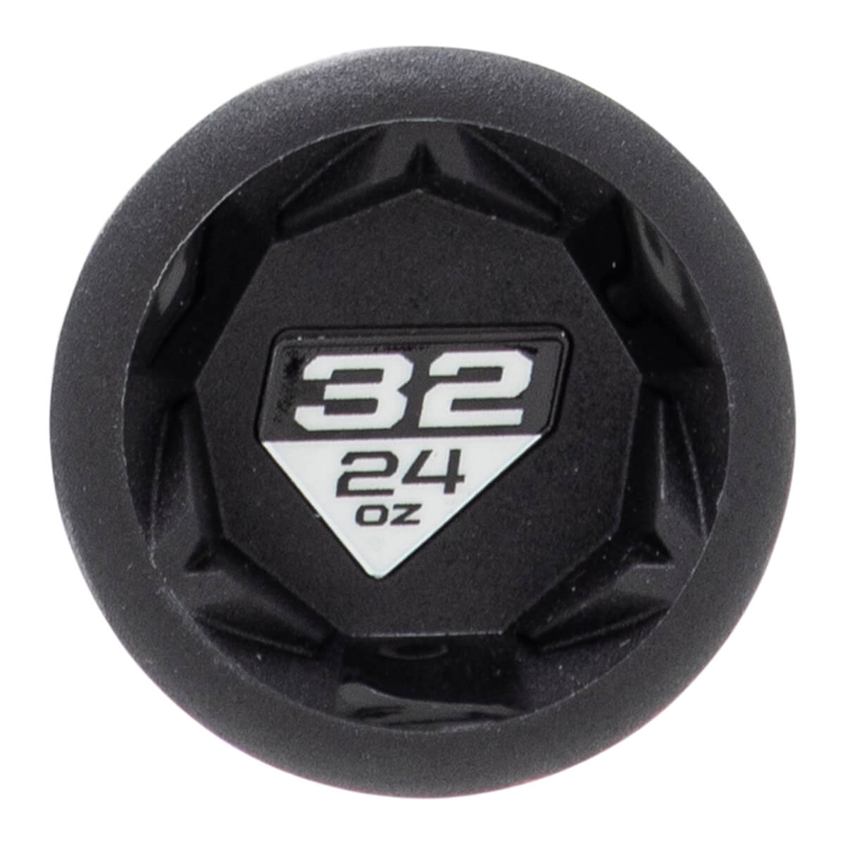 Close-up of the black baseball bat end cap with a faceted design and a white diamond-shaped label showing 32 24 OZ.
