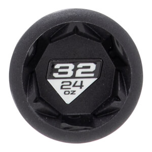 Close-up of the black baseball bat end cap with a faceted design and a white diamond-shaped label showing 32 24 OZ.