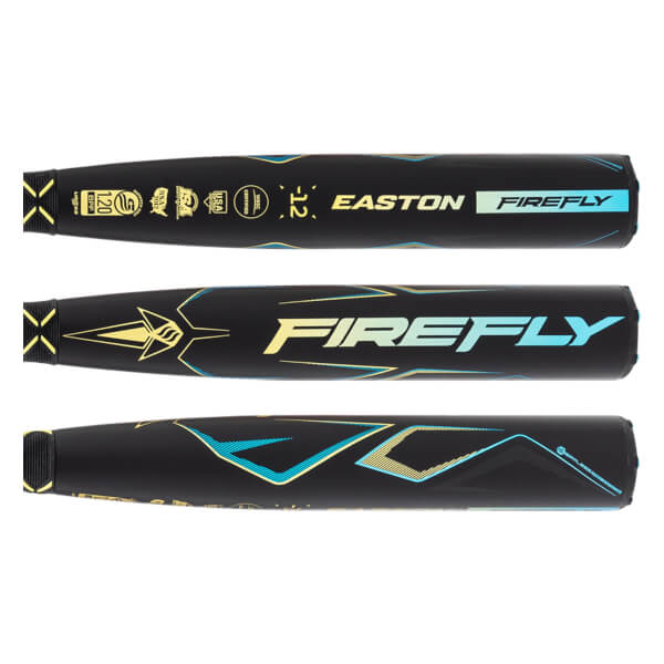 Multiple views of a black fastpitch softball bat with EASTON FIREFLY text, yellow and blue geometric graphics, and certification stamps.