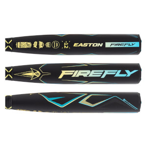 Multiple views of a black fastpitch softball bat with EASTON FIREFLY text, yellow and blue geometric graphics, and certification stamps.