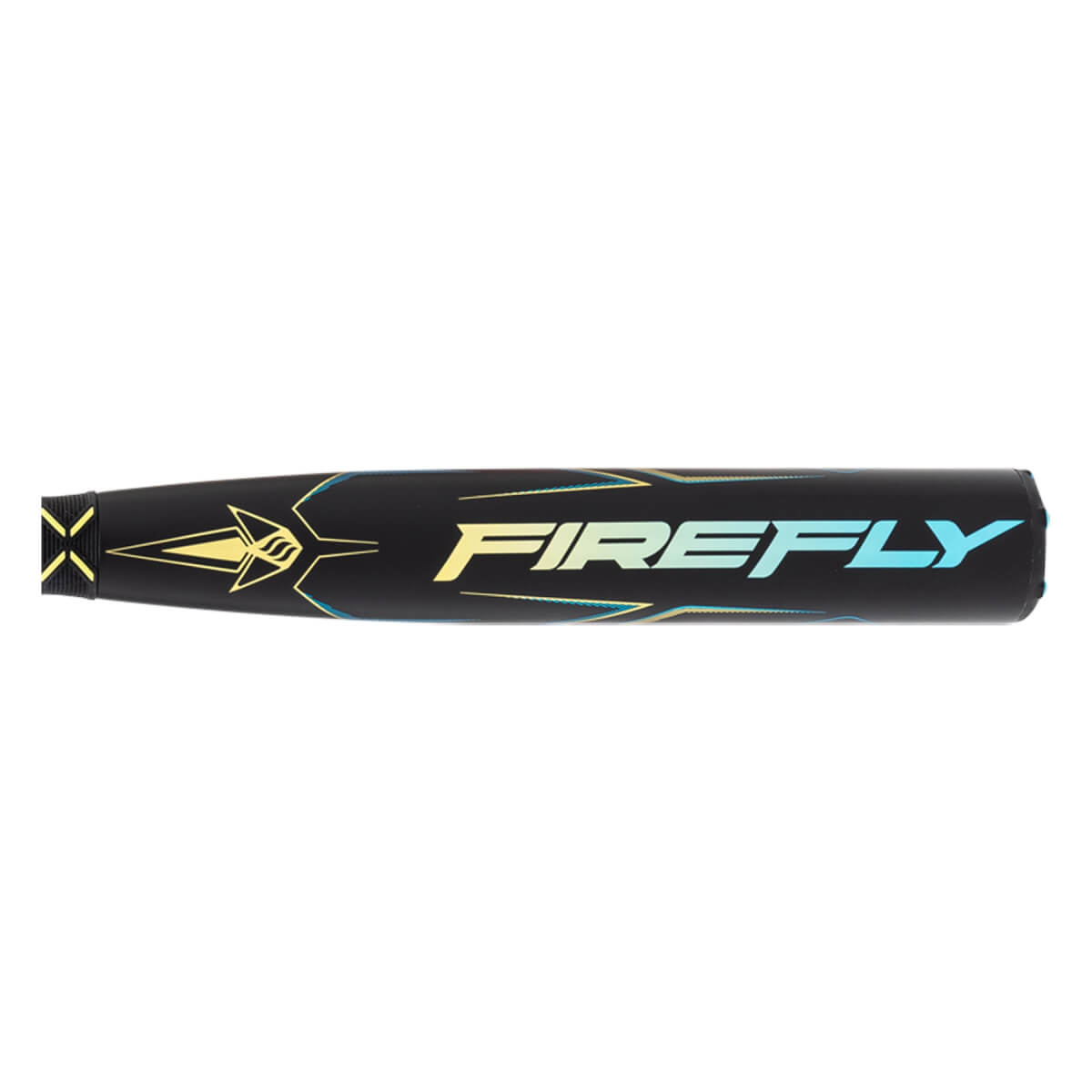 Side view of a black softball bat with FIREFLY in yellow-blue gradient text and yellow-blue graphic details.