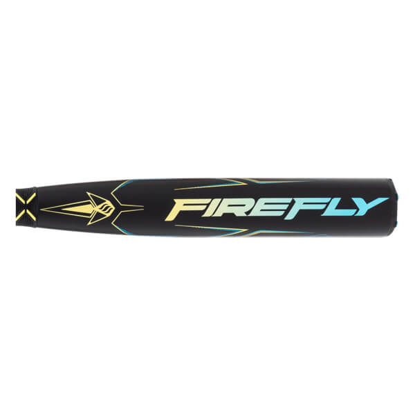 Side view of a black softball bat with FIREFLY in yellow-blue gradient text and yellow-blue graphic details.