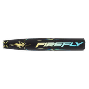 Side view of a black softball bat with FIREFLY in yellow-blue gradient text and yellow-blue graphic details.