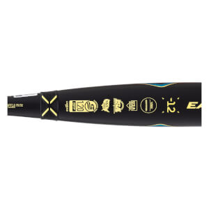 Side close-up of a black Easton fastpitch softball bat with yellow certification stamps and a visible -12 drop weight.