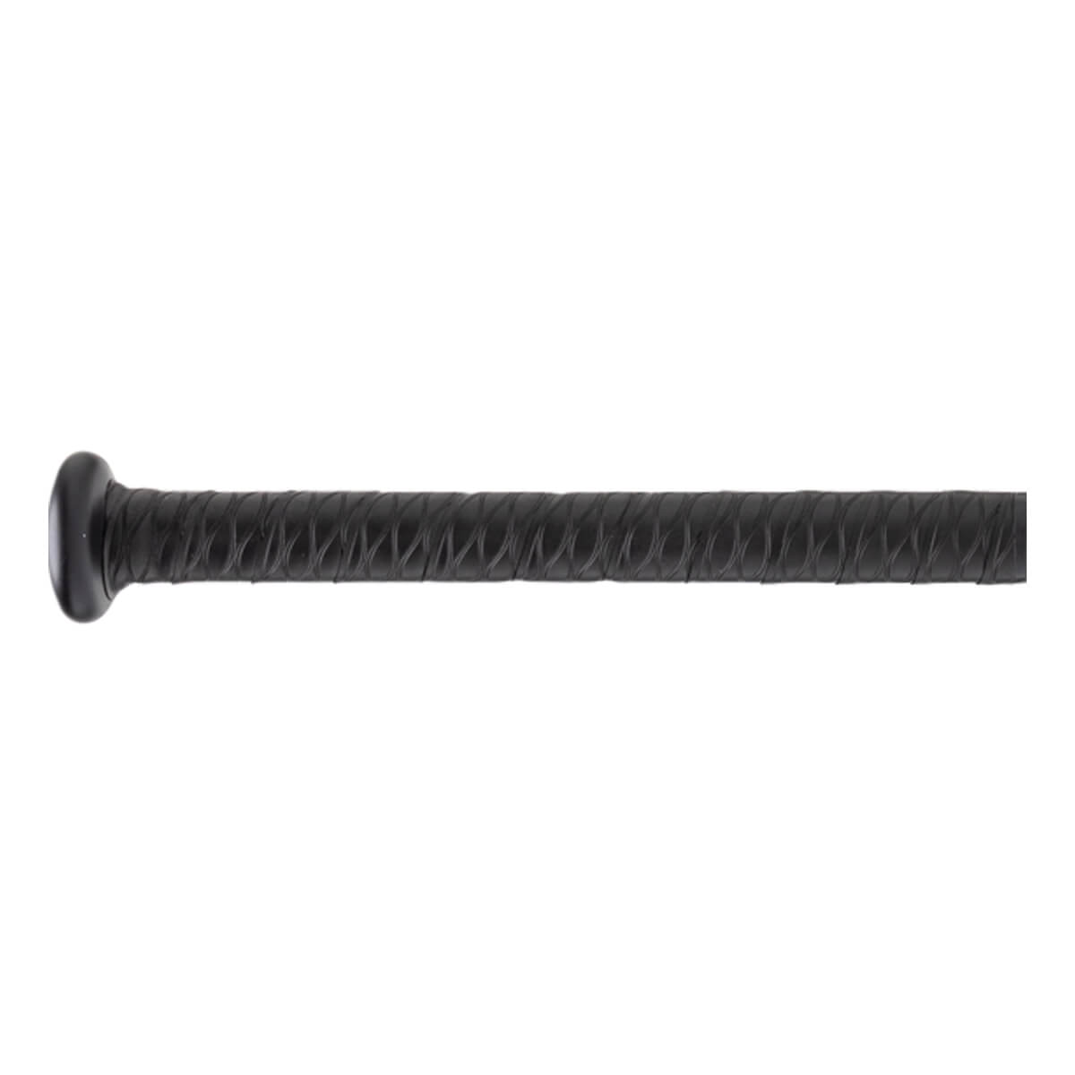 Close-up side view of a black bat handle with a textured, spiral-wrapped grip and a black knob.