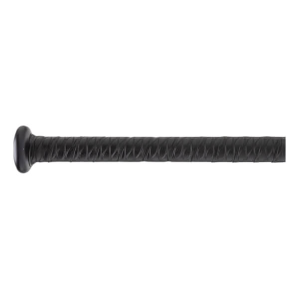 Close-up side view of a black bat handle with a textured, spiral-wrapped grip and a black knob.
