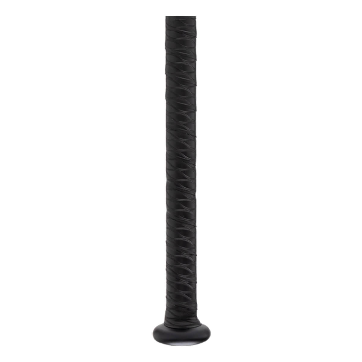 Close-up of a black bat handle with textured grip tape and a rounded knob.