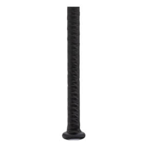 Close-up of a black bat handle with textured grip tape and a rounded knob.