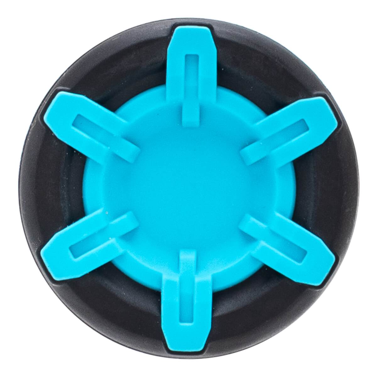 Top-down view of a black and blue bat end cap with six radiating blue fins.