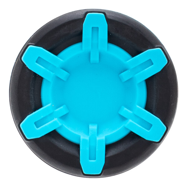 Top-down view of a black and blue bat end cap with six radiating blue fins.