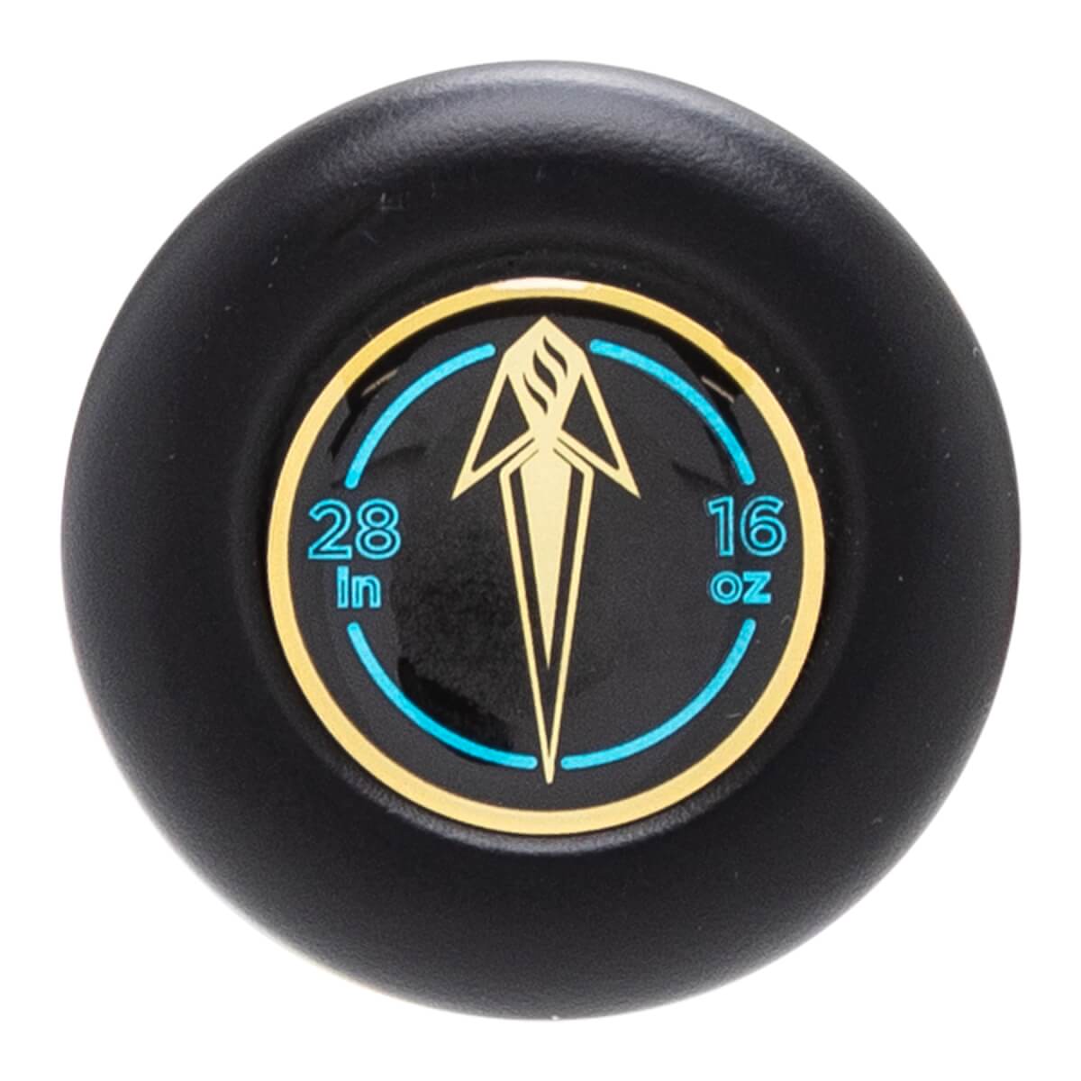Top-down close-up of a black bat end cap with a gold and blue emblem showing 28 in and 16 oz.