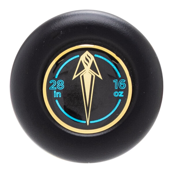 Top-down close-up of a black bat end cap with a gold and blue emblem showing 28 in and 16 oz.