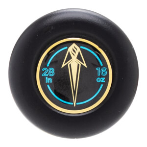 Top-down close-up of a black bat end cap with a gold and blue emblem showing 28 in and 16 oz.