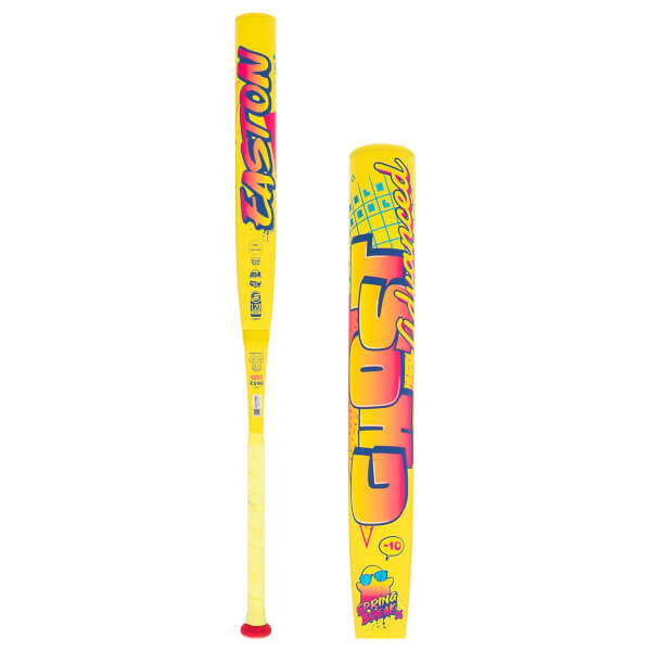 Side view of a yellow fastpitch softball bat with EASTON on the taper and GHOST Spring Break graphic on the barrel.
