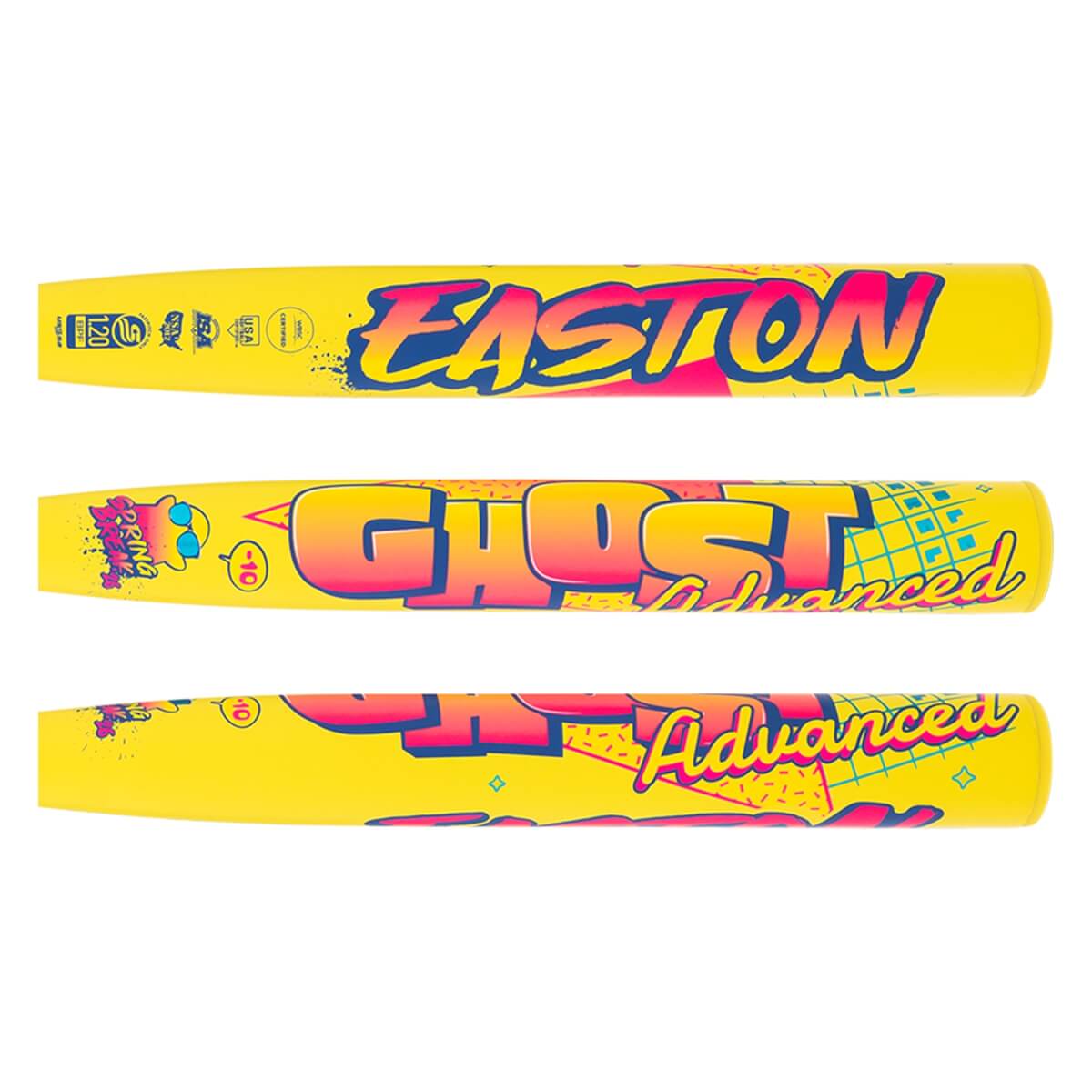 Full side view of a yellow fastpitch softball bat with EASTON, GHOST Advanced, and Spring Break graphics in vibrant colors.
