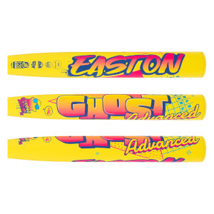 Full side view of a yellow fastpitch softball bat with EASTON, GHOST Advanced, and Spring Break graphics in vibrant colors.