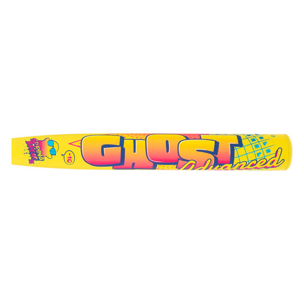 Side view of a yellow fastpitch softball bat with gradient GHOST Advanced text, a Spring Break graphic, and a blue grid pattern.