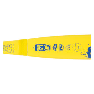 Close-up of a yellow fastpitch softball bat barrel with blue certification stamps, 1.20 BPF text, and a textured connection.