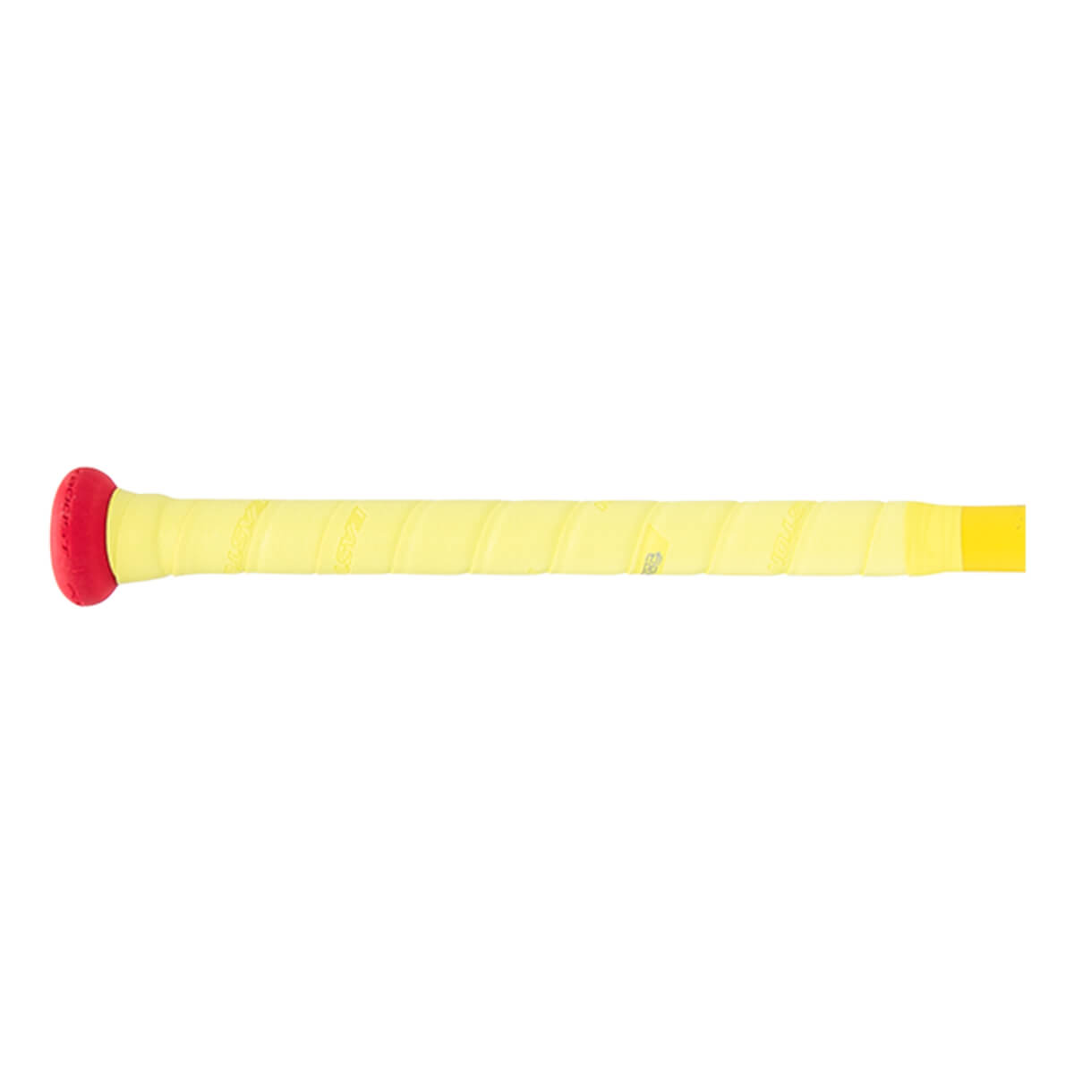 Side view of a yellow fastpitch softball bat handle with a red knob and spiral-wrapped grip.