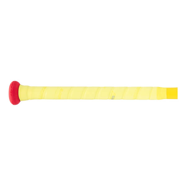 Side view of a yellow fastpitch softball bat handle with a red knob and spiral-wrapped grip.
