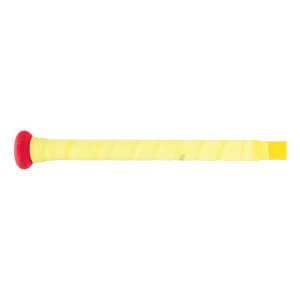 Side view of a yellow fastpitch softball bat handle with a red knob and spiral-wrapped grip.