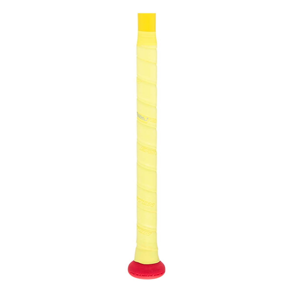 Close-up of a yellow spiral-wrapped softball bat grip with a red knob and faint Easton branding.