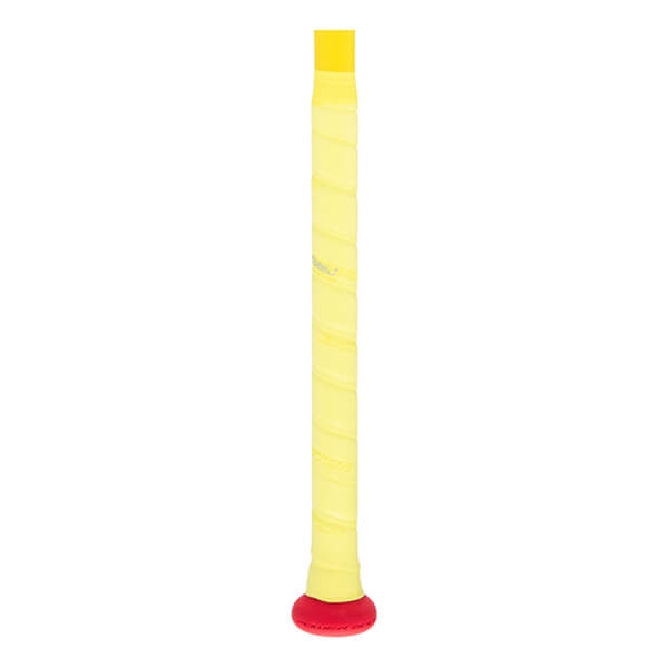 Close-up of a yellow spiral-wrapped softball bat grip with a red knob and faint Easton branding.