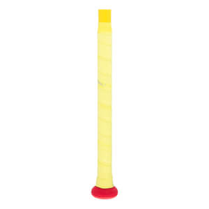 Close-up of a yellow spiral-wrapped softball bat grip with a red knob and faint Easton branding.