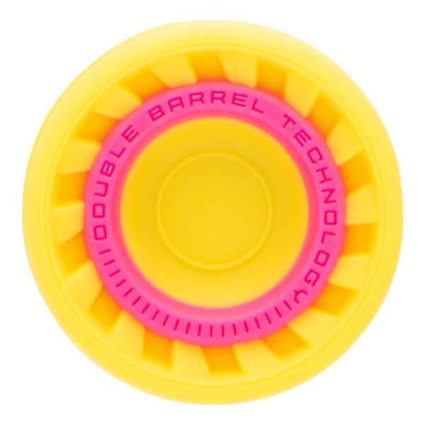 Top-down view of a yellow and pink bat end cap with DOUBLE BARREL TECHNOLOGY text and ribbed texture.