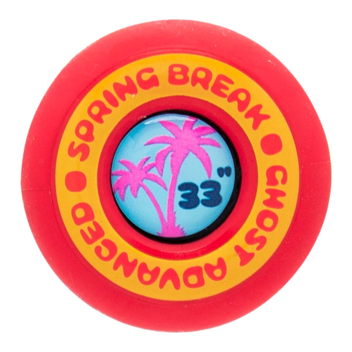 End cap view of a red softball bat with a yellow ring, SPRING BREAK GHOST ADVANCED text, and a blue center with pink palm trees and 33.